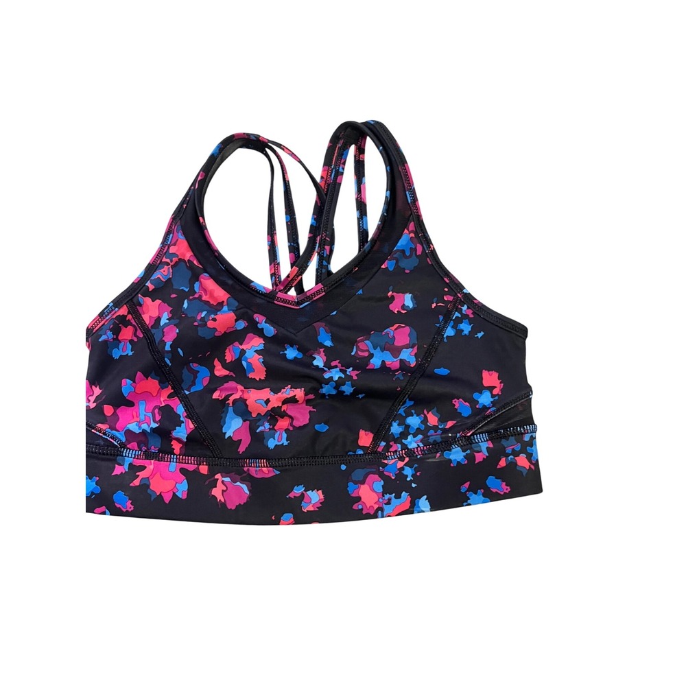 Lululemon Invigorate Sports Bra Black Pink Blue Floral Strappy Back Mesh Sz 6